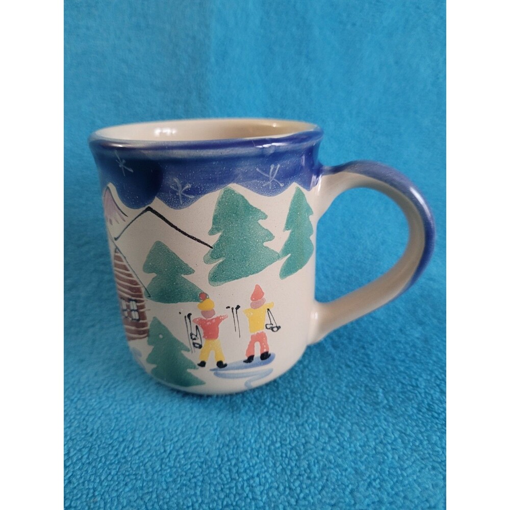 Starbucks 8 oz. Coffee Mug Hand Painted in Hungary Winter Ski Log Cabin